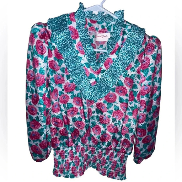 Vintage 80’s Susan Freis Floral Ruffle Blouse Made In USA Women’s Size XS Boho - Picture 3 of 6